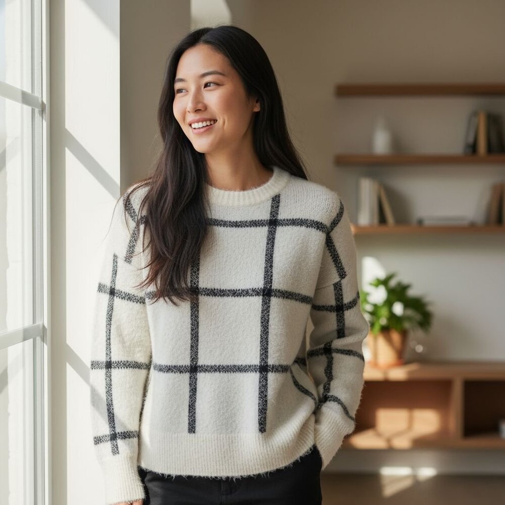 Old Navy Petite Off-White & Black Windowpane Crewneck Sweater